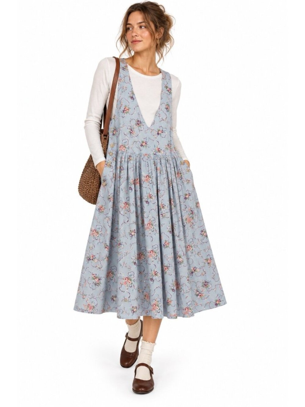 vintage 90s COTTAGECORE dress pinafore cotton floral MEDIUM prairie jumper